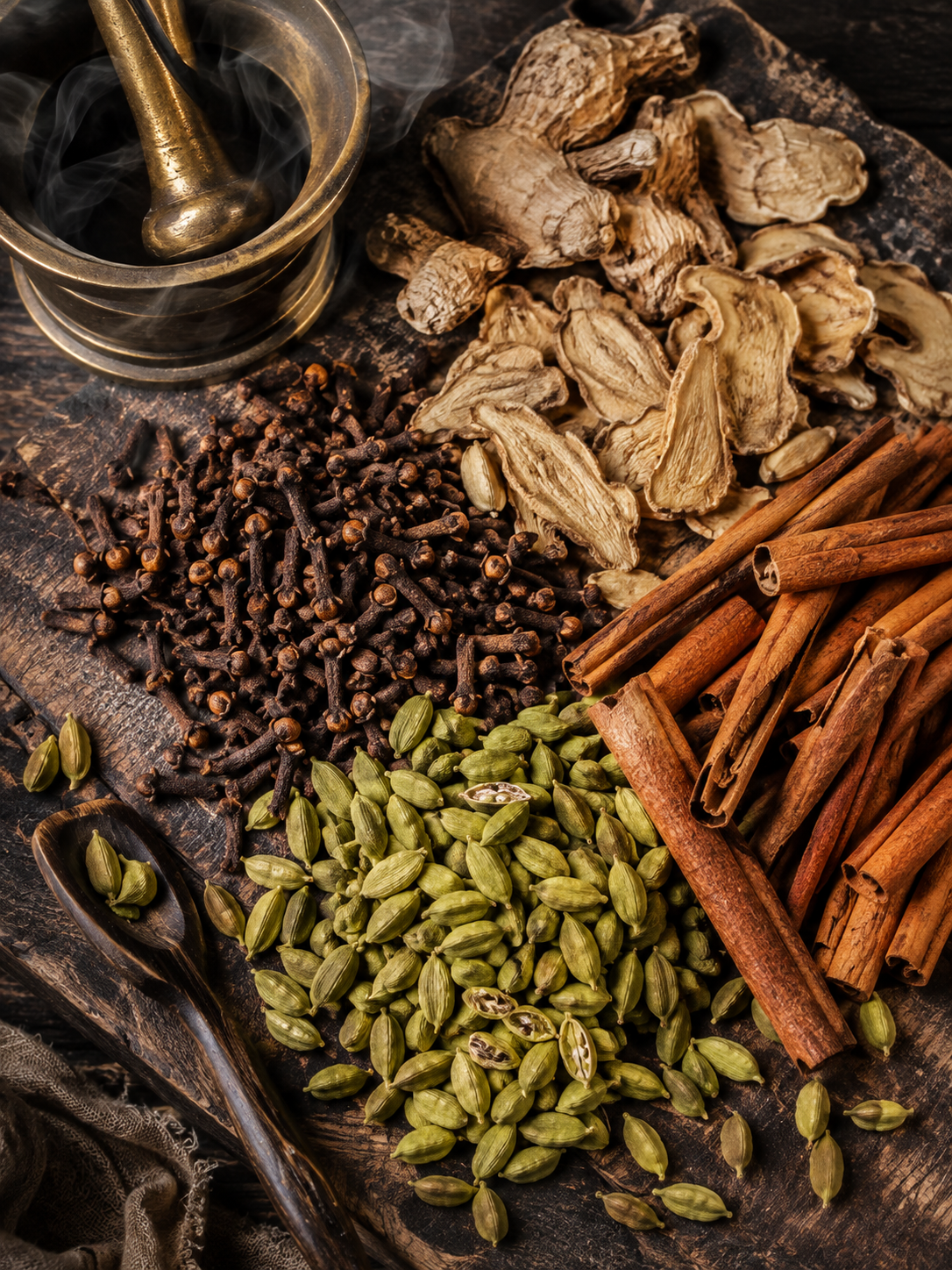 Sun-dried aromatic spices - cloves, cardamom, ginger and cinnamon